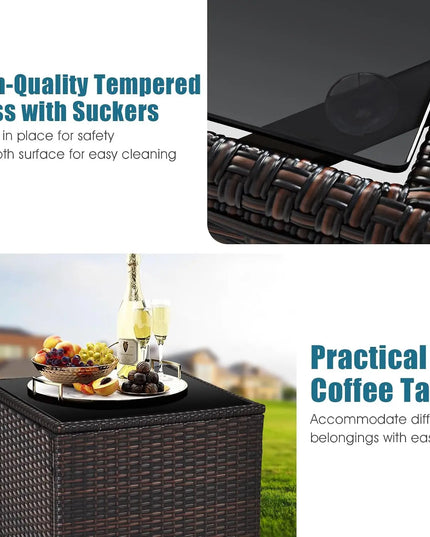3-Piece PE Rattan Patio Set - 2 Wicker Chairs, Tempered Glass Table and 4 Cushions