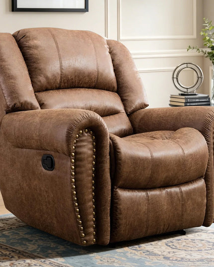 Classic Manual Leather Recliner Chair - Traditional Khaki Armchair with Padded Arms