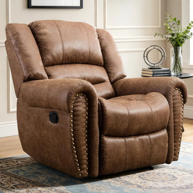 Classic Manual Leather Recliner Chair - Traditional Khaki Armchair with Padded Arms