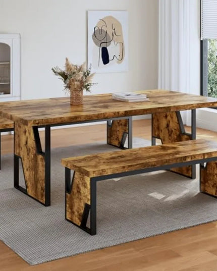 Rustic 70.8-Inch Dining Table with 2 Matching Benches - Natural Wood, Seats 6