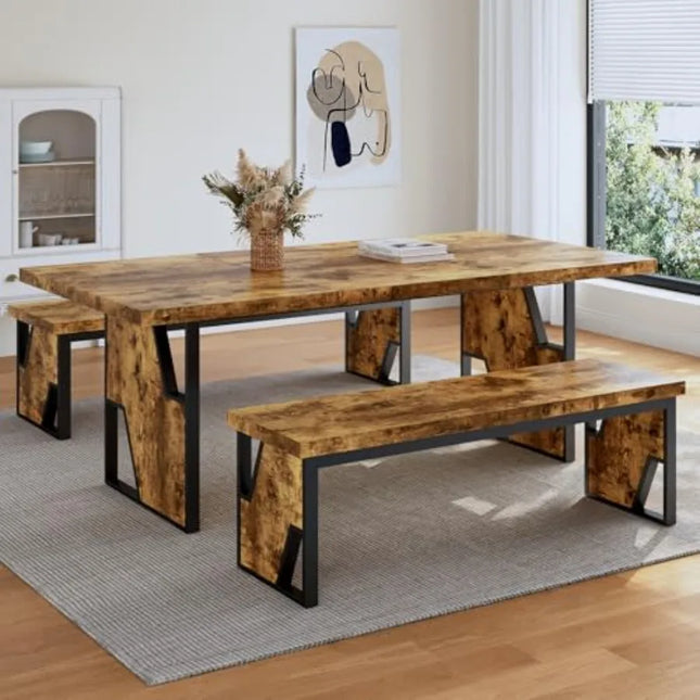 Rustic 70.8-Inch Dining Table with 2 Matching Benches - Natural Wood, Seats 6
