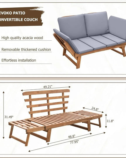 Acacia Wood Outdoor Couch - Converts to Daybed, Adjustable Armrests, Cushions Included