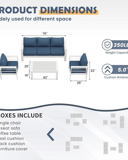 6-Piece Aluminium Patio Set - Sectional Sofa, Coffee Table, 5-Inch Olefin Cushions, Covers