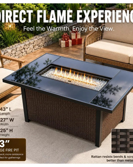 8-Piece Wicker Patio Set with 43-Inch Propane Fire Pit Table - 4-Inch Cushions, 2 Pillows