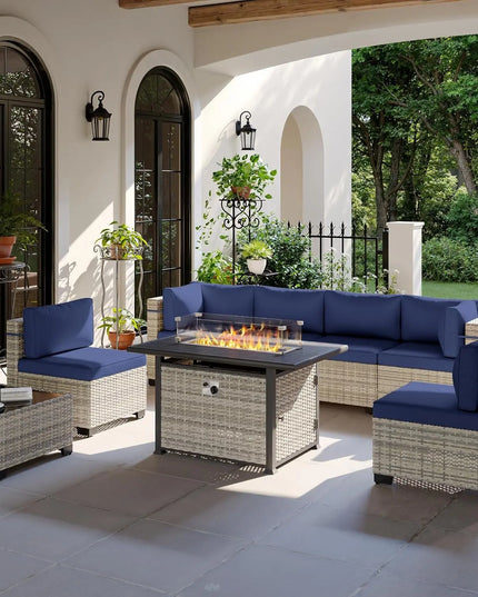 8-Piece Modular Wicker Patio Set - 6 Seats, Coffee Table and 55,000 BTU Fire Pit