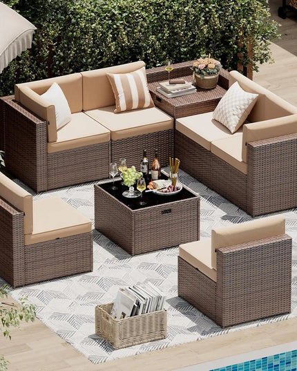 8-Piece Wicker Patio Set with Storage Table - Includes 2 Waterproof Covers, Modular