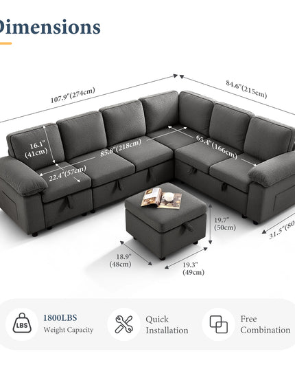 112-Inch L-Shaped Modular Sectional Sofa Bed - Movable Ottoman and Side Storage Pockets