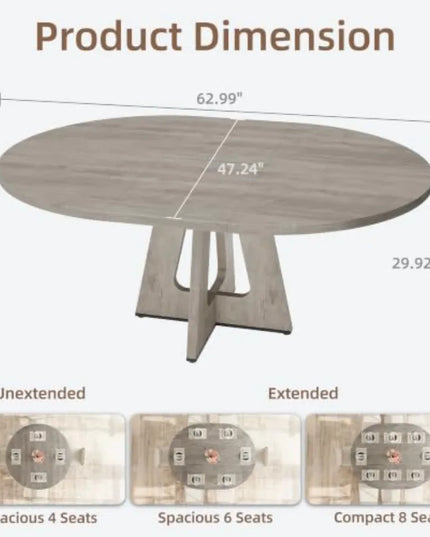 Extendable Round Dining Table in Grey - 47 to 63 Inches, Seats 4 to 8, Table Only