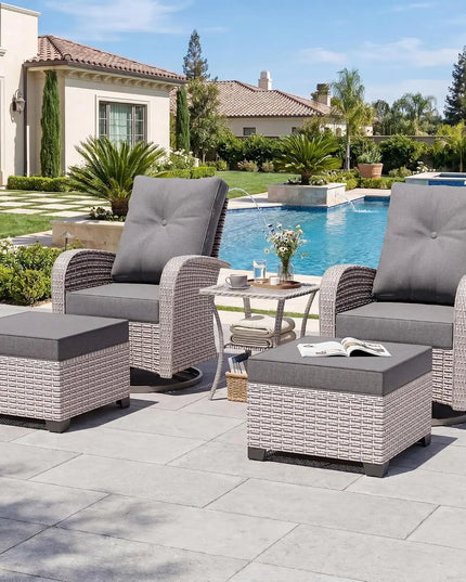 5-Piece Wicker Swivel Rocker Set - Rockers, Ottomans, Glass Table and Cushions, 5 Colours