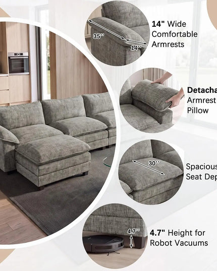 Chenille L-Shaped Sofa with Movable Ottoman - 30-Inch Deep Seat, Washable Cover, Grey