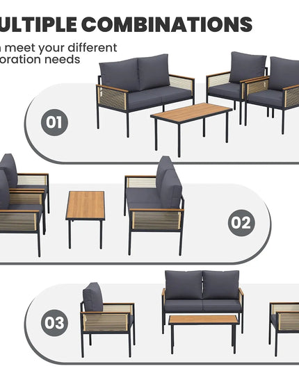 4-Seat Metal Patio Set - Multi-Seat Sofa, 2 Lounge Chairs and Coffee Table, Deep Grey