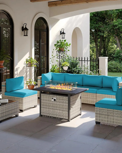 8-Piece Modular Wicker Patio Set - 6 Seats, Coffee Table and 55,000 BTU Fire Pit
