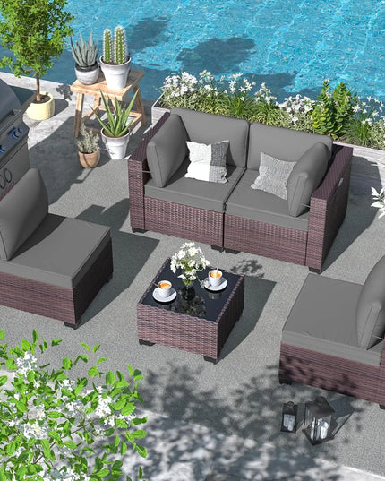 5-Piece Wicker Patio Sectional - 2 Corner Sofas, 2 Armless Sofas and Coffee Table