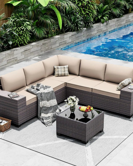 6-Piece Patio Sectional - 2 Armrest Sofas, 3 Armless Sofas and Glass Coffee Table