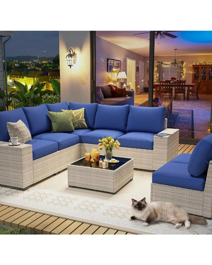 8-Piece Modular Rattan Patio Sectional - 4-Inch Thick Cushions, 4 Two-Tone Colourways