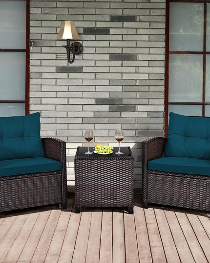 3-Piece PE Rattan Patio Set - 2 Wicker Chairs, Tempered Glass Table and 4 Cushions