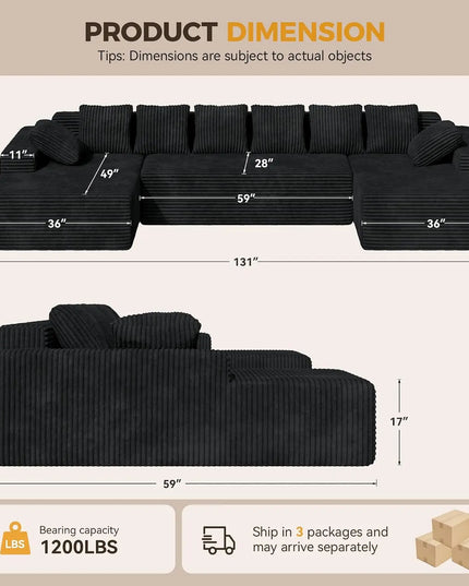 131-Inch Boneless Cloud Sectional with Chaise - 28-Inch Deep Seat, 1400lb, 6 Colours