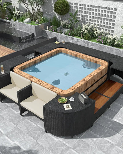 7-Piece All-Weather Rattan Conversation Set - Tempered Glass Table and Striped Pillows