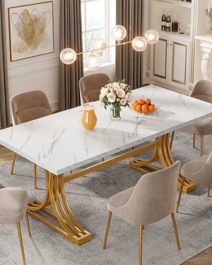 63-Inch Faux Marble Dining Table - Rectangular Kitchen Table on Iron Frame, Seats 4 to 6