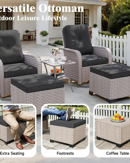 5-Piece Wicker Swivel Rocker Set - Rockers, Ottomans, Glass Table and Cushions, 5 Colours