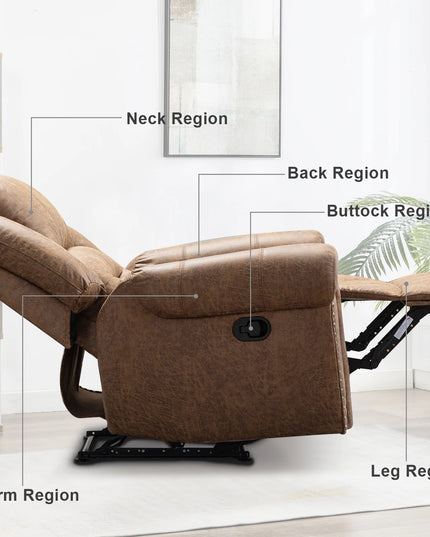Classic Manual Leather Recliner Chair - Traditional Khaki Armchair with Padded Arms
