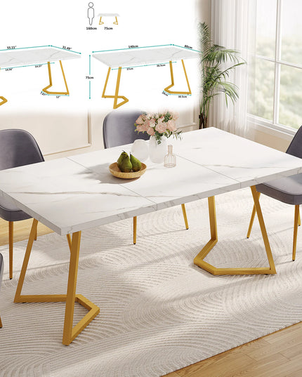 63-Inch Faux Marble Dining Table - Rectangular Kitchen Table on Iron Frame, Seats 4 to 6