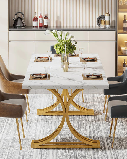 63-Inch Faux Marble Dining Table - Rectangular Kitchen Table on Iron Frame, Seats 4 to 6