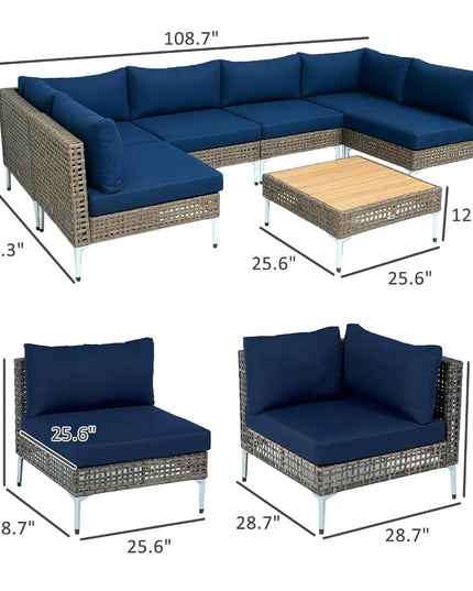 7-Piece Modular Wicker Patio Set - 2 Corner, 4 Armless Chairs, Acacia-Top Coffee Table
