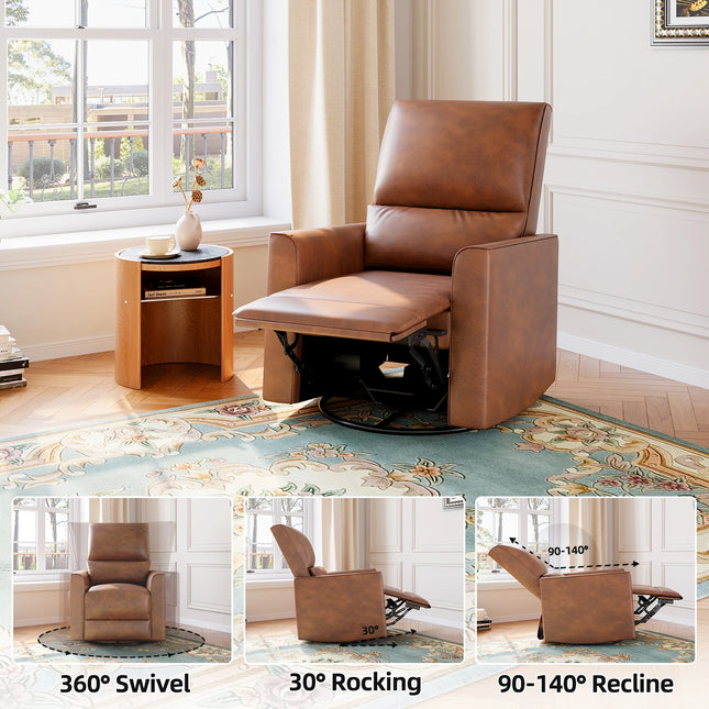 Swivel Rocker Recliner Glider Chair - Deep Seat PU Leather in Beige, Brown or Grey