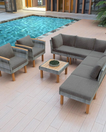 7-Piece All-Weather Rattan Conversation Set - Tempered Glass Table and Striped Pillows