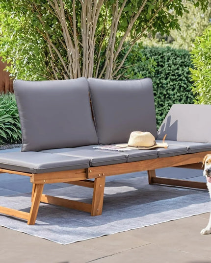 Acacia Wood Outdoor Couch - Converts to Daybed, Adjustable Armrests, Cushions Included