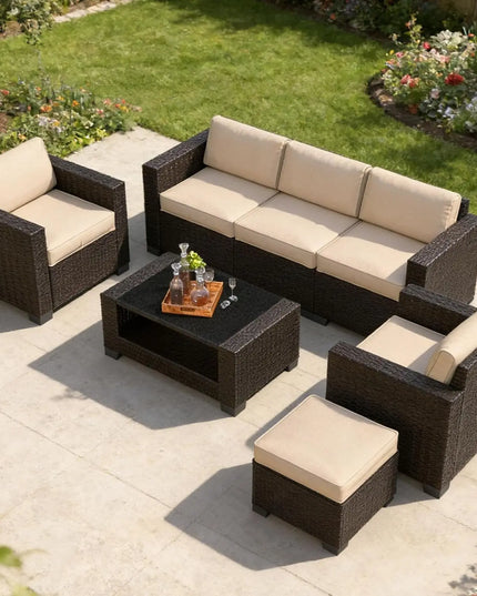7-Piece Slanted-Back Patio Sectional - Modular Rattan with Dual-Tier Glass Coffee Table