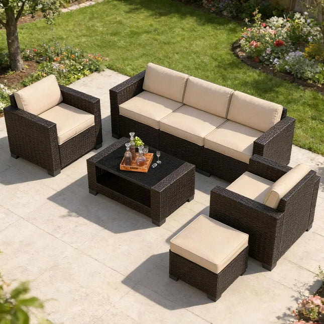 7-Piece Slanted-Back Patio Sectional - Modular Rattan with Dual-Tier Glass Coffee Table
