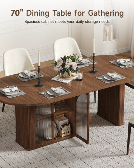 Walnut 70-Inch Oval Dining Table - Seats 6 to 8, 2-Tier Storage and LED, Table Only