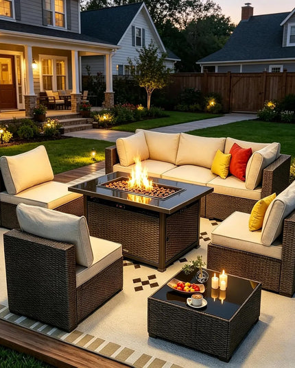 8-Piece Wicker Patio Set with 43-Inch Propane Fire Pit Table - 4-Inch Cushions, 2 Pillows
