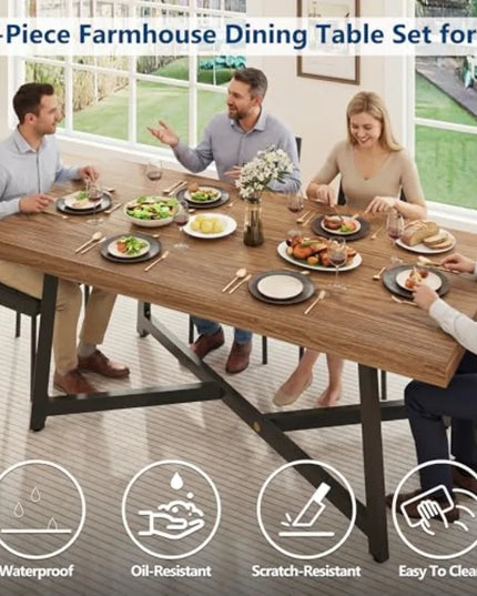 7-Piece Farmhouse Dining Set in Walnut - 71-Inch Table with 6 Chairs, Fully Assembled