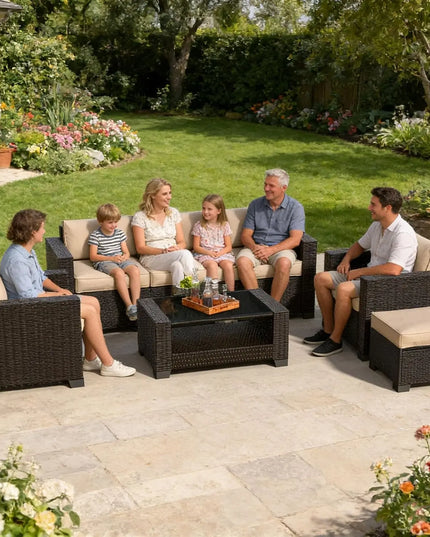 7-Piece Slanted-Back Patio Sectional - Modular Rattan with Dual-Tier Glass Coffee Table