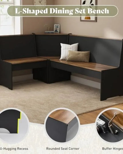 3-Piece Breakfast Nook Dining Set - Corner Bench Seating with Storage, Black Oak