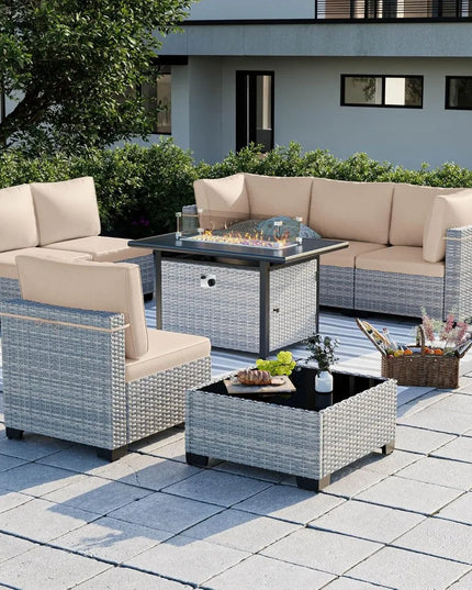 8-Piece Modular Wicker Patio Set - 6 Seats, Coffee Table and 55,000 BTU Fire Pit