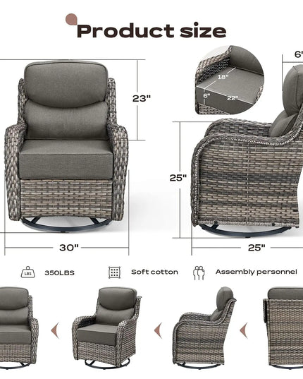 3-Piece Wicker Patio Bistro Set - 2 High-Back Swivel Chairs, Table, 6-Inch Cushions