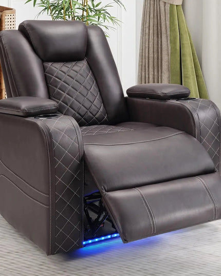 Electric Power Recliner Home Theater Chair - Adjustable Headrest, LED, USB, Cup Holders