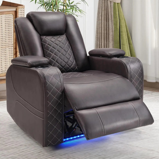 Electric Power Recliner Home Theater Chair - Adjustable Headrest, LED, USB, Cup Holders