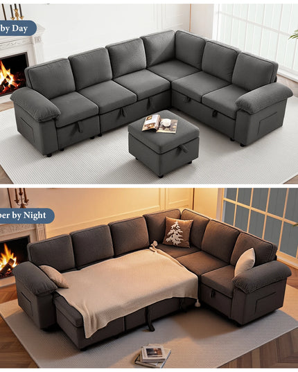 112-Inch L-Shaped Modular Sectional Sofa Bed - Movable Ottoman and Side Storage Pockets