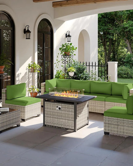 8-Piece Modular Wicker Patio Set - 6 Seats, Coffee Table and 55,000 BTU Fire Pit