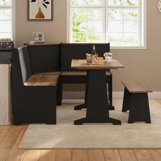 3-Piece Breakfast Nook Dining Set - Corner Bench Seating with Storage, Black Oak