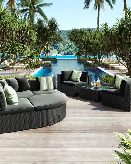 7-Piece All-Weather Rattan Conversation Set - Tempered Glass Table and Striped Pillows