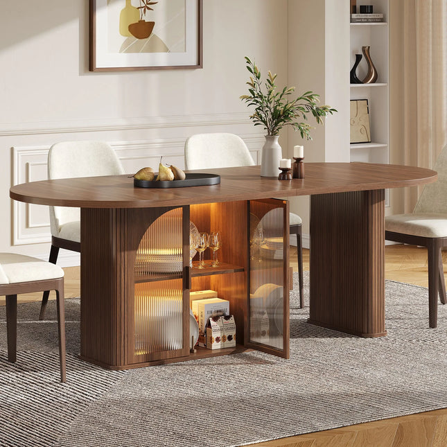 Walnut 70-Inch Oval Dining Table - Seats 6 to 8, 2-Tier Storage and LED, Table Only