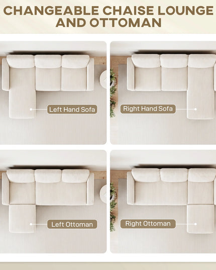 73-Inch Small L-Shaped Sectional Sofa - Reversible Chaise, Cream Corduroy, Seats 3