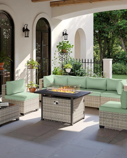 8-Piece Modular Wicker Patio Set - 6 Seats, Coffee Table and 55,000 BTU Fire Pit