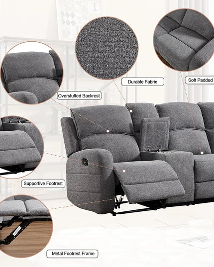 L-Shaped Reclining Corner Sofa - Padded Headrests and 2 Cup Holders, Grey Fabric